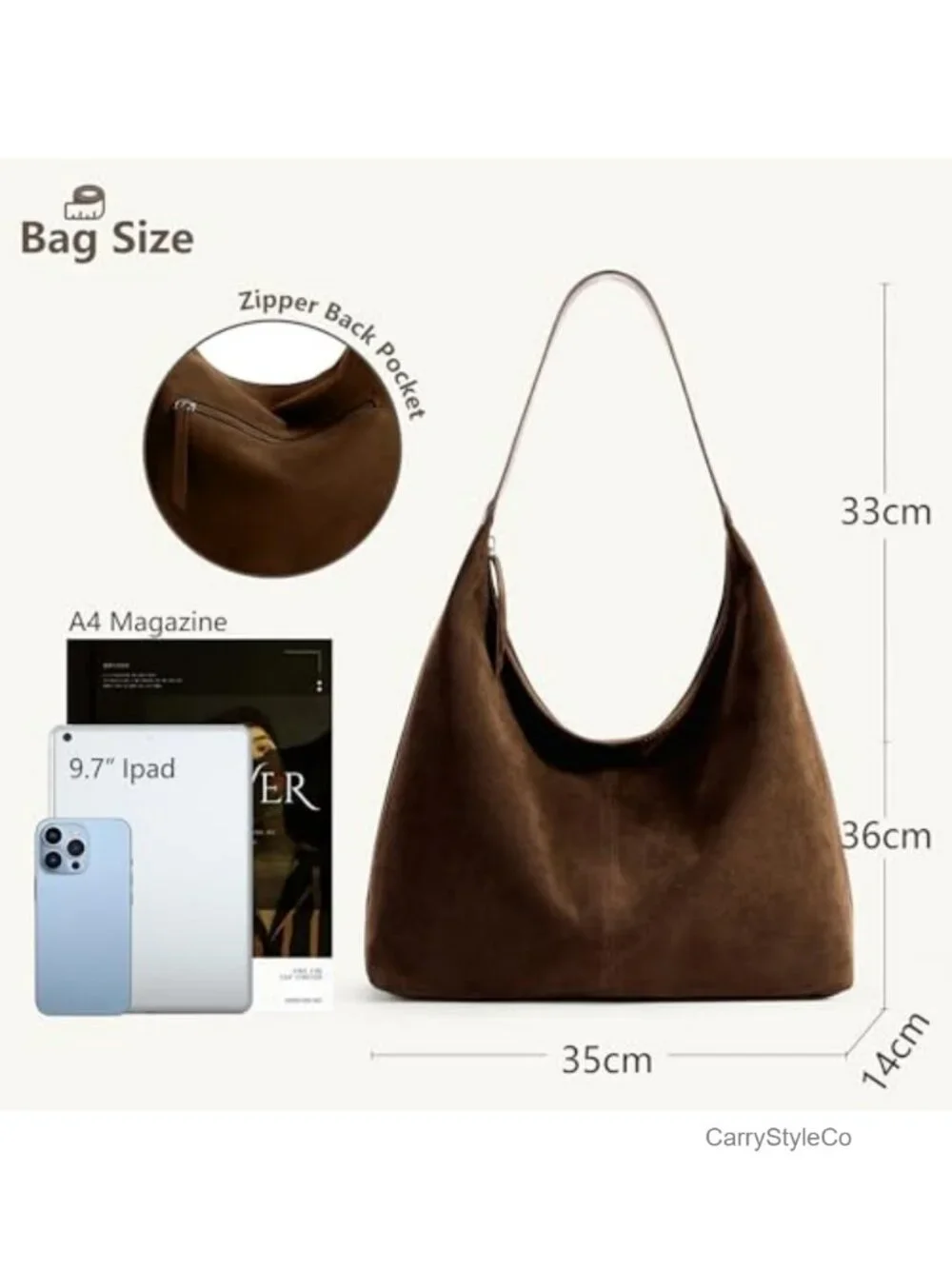 KALIDI Slouchy Tote Bag 18L Casual Vegan Faux Suede Hobo Crescent Zipper